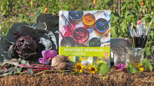 Livre mis en scène au potager avec des légumes et des fleurs dont on peut extraire la couleurs.