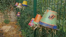 des pots colorés par les enfants et remplis de paille sont accrochés à l'envers pour accueillir les forficules