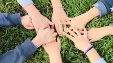 4 paires de mains d'enfants dans l'herbe se touchent 
