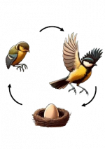 Cycle de reproduction de la mésange Le cycle est représenté par un cercle symbolisé par trois flêches courbées entre lesquelles se trouvent un nid avec un oeuf, un oisillon et une mésange adulte prenant son envol